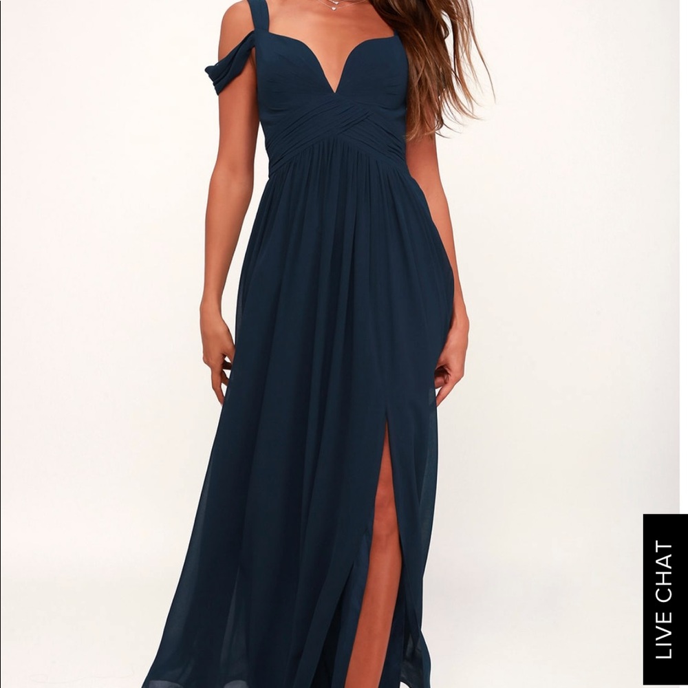 Blue plunge neck evening gown